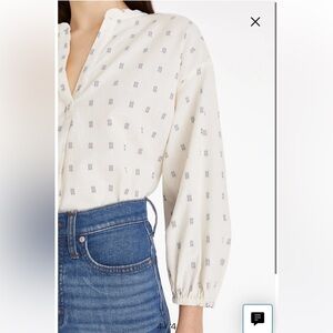 NWT Madewell Women's Cream and Blue Blouse Ainslee Print Cotton Top Medium